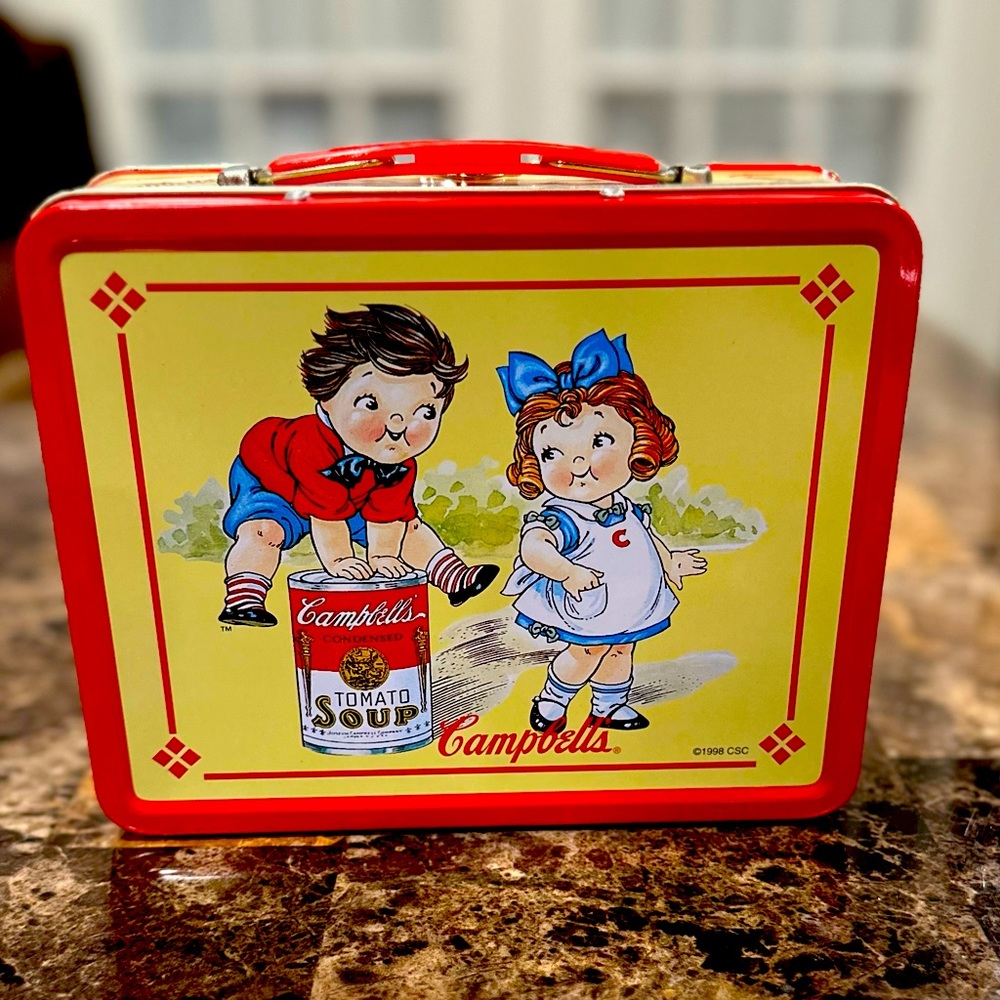 Campbells soup lunch box with notepad and pencils vintage